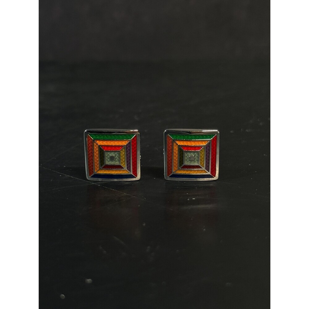 Sterling Silver Multicolor Enamel Mosaic Cuff Links